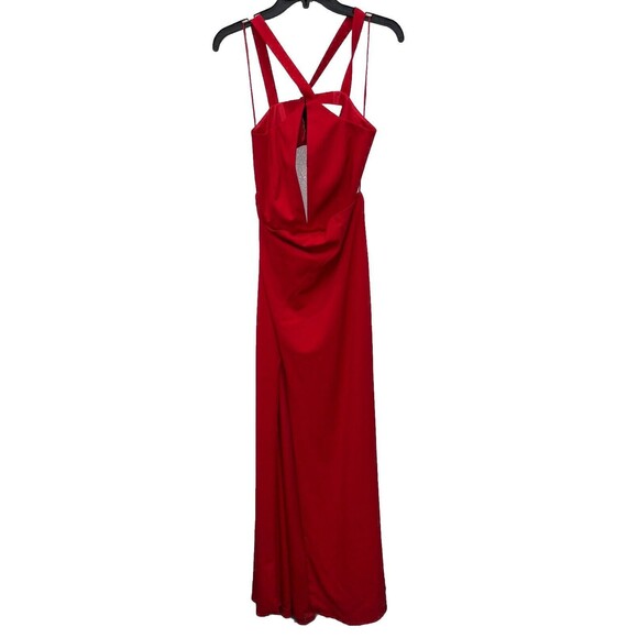 Michelle Mason Maxi Dress Women 10 Gown Halter Top Hook Slit Red V Neck Zip - Picture 3 of 16